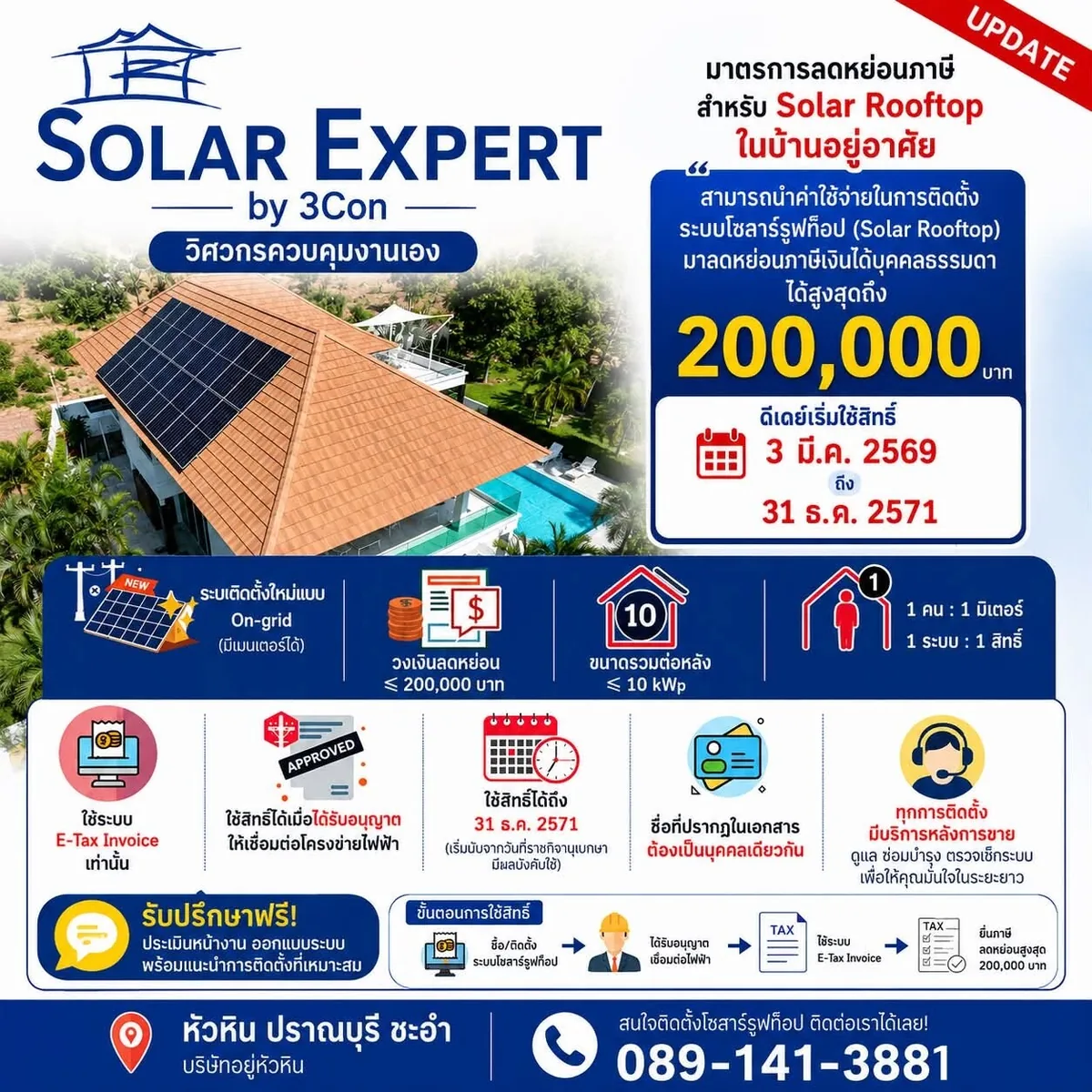 มาตรการลดหย่อนภาษี Solar Rooftop บ้านอยู่อาศัย สูงสุด 200,000 บาท โดย Solar Expert by 3Con หัวหิน